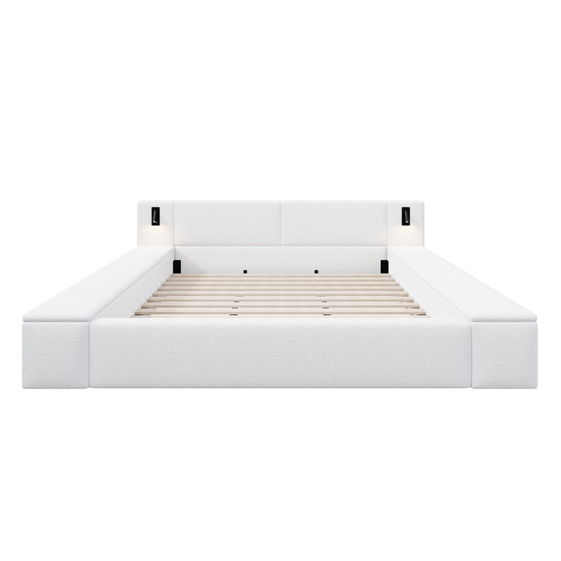 Upholstered Platform Bed Frame With Hidden Storage, Built-In Nightstands & LED Reading Lights