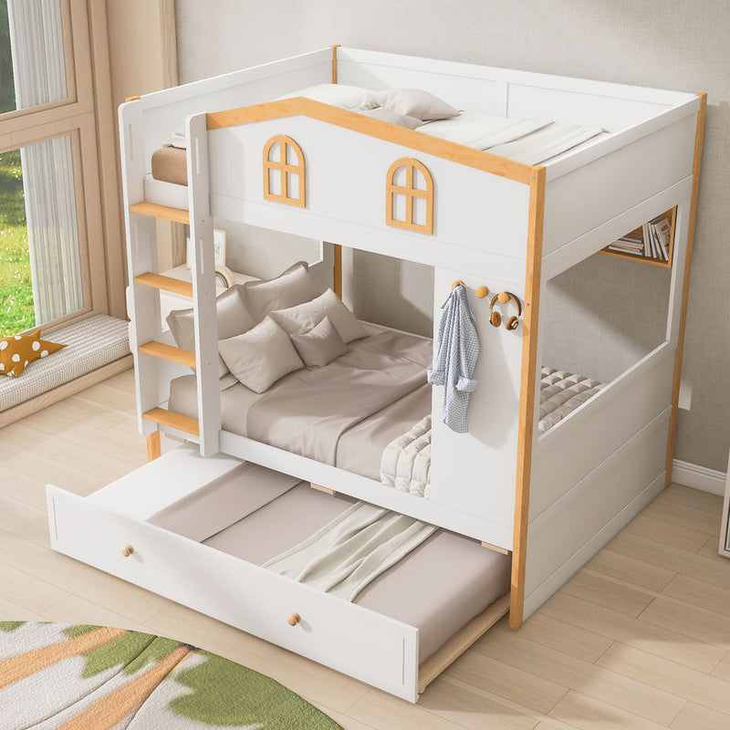 Full Over Full Bunk Bed With Storage Shelves And Trundle - White / Natural