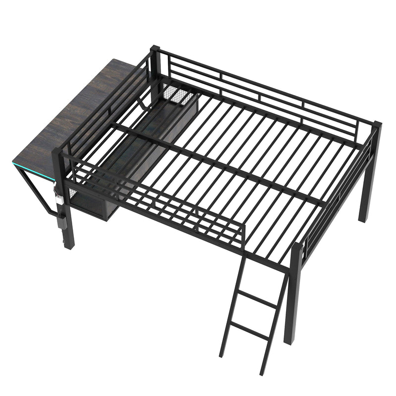 Gaming - Full Size Loft Bed With Desk, LED - Black