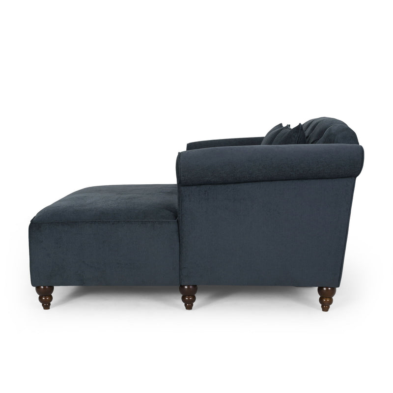 Upholstered Chaise Lounge & Scroll Arms, Turned Legs And 2 Pillows - Charcoal
