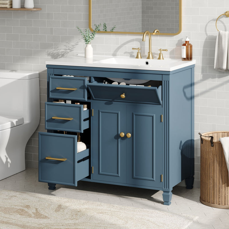 Bathroom Vanity With Sink, 1 Tip Out Drawer, 3 Side Drawers, Adjustable Shelf