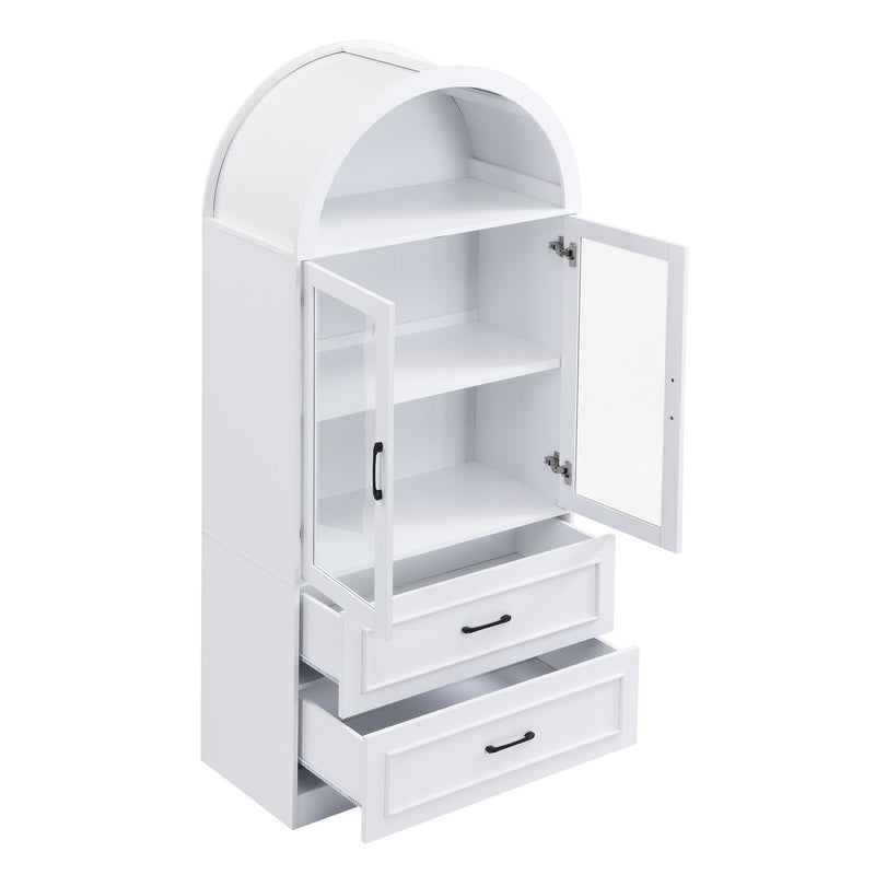 Arched Top Storage Cabinet With Fixed 2 Tier Shelves, 2 Large Drawers