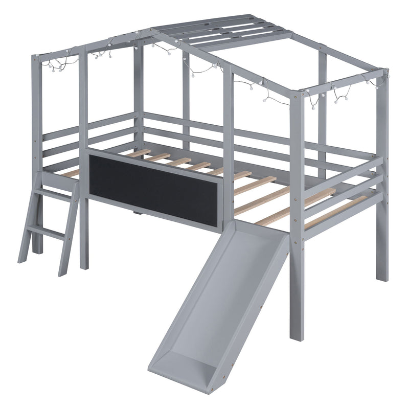 Loft House Bed With Ladder And Slide, With board And Light Strip On The Roof