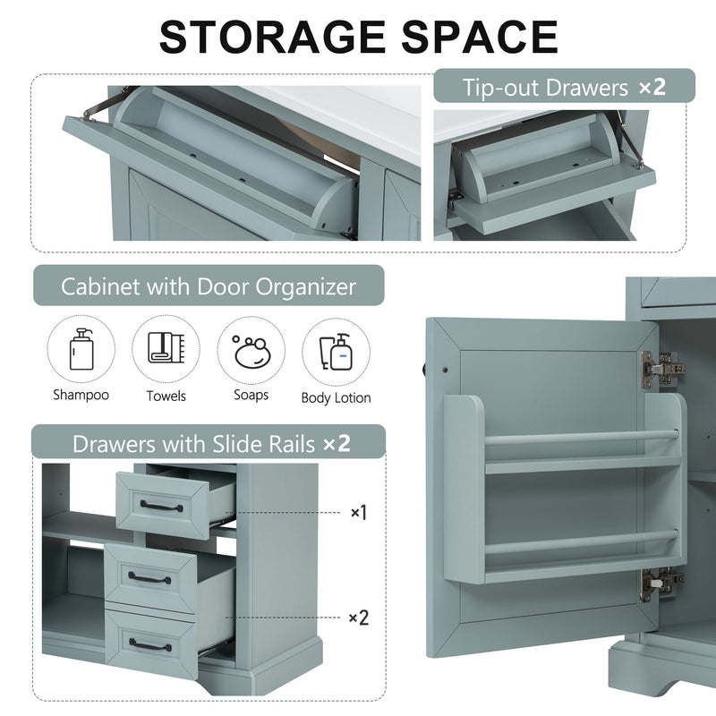 Bathroom Vanity With Ceramic Sink, Freestanding Design, 2 Tip Out Drawers, Soft Close Hinges - Gray
