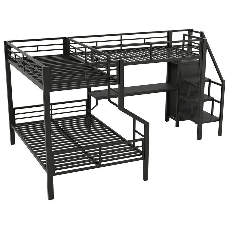 Twin Over Full L Shaped Bunk & Loft Bed With Built-In Wardrobe, Desk, And USB Ports - Black