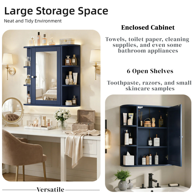 Bathroom Wall Storage Cabinet With Mirror And Adjustable Shelf, 6 Open Shelves
