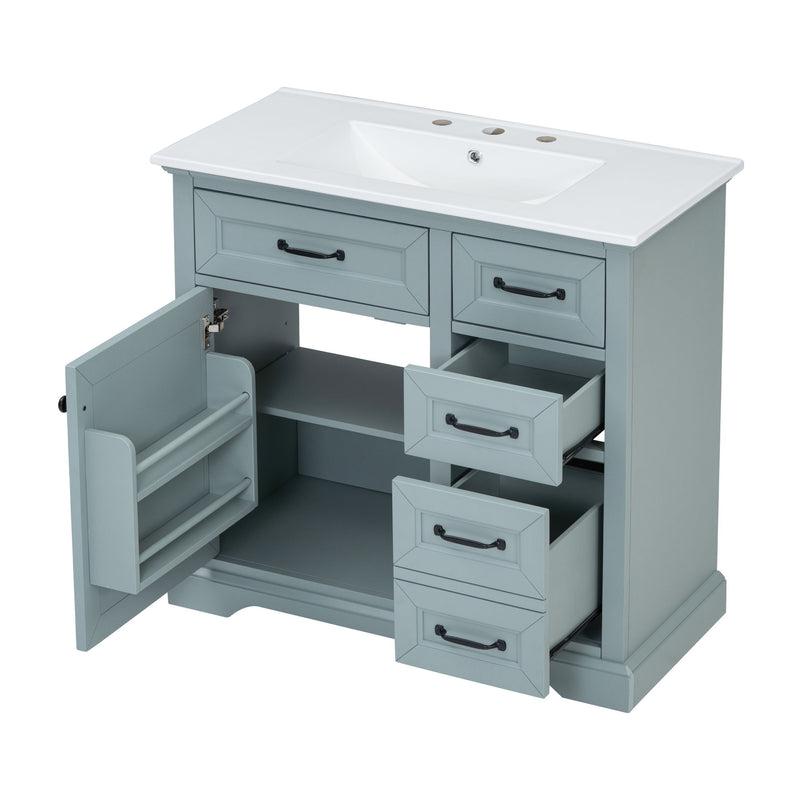 Bathroom Vanity With Ceramic Sink, Freestanding Design, 2 Tip Out Drawers, Soft Close Hinges - Gray