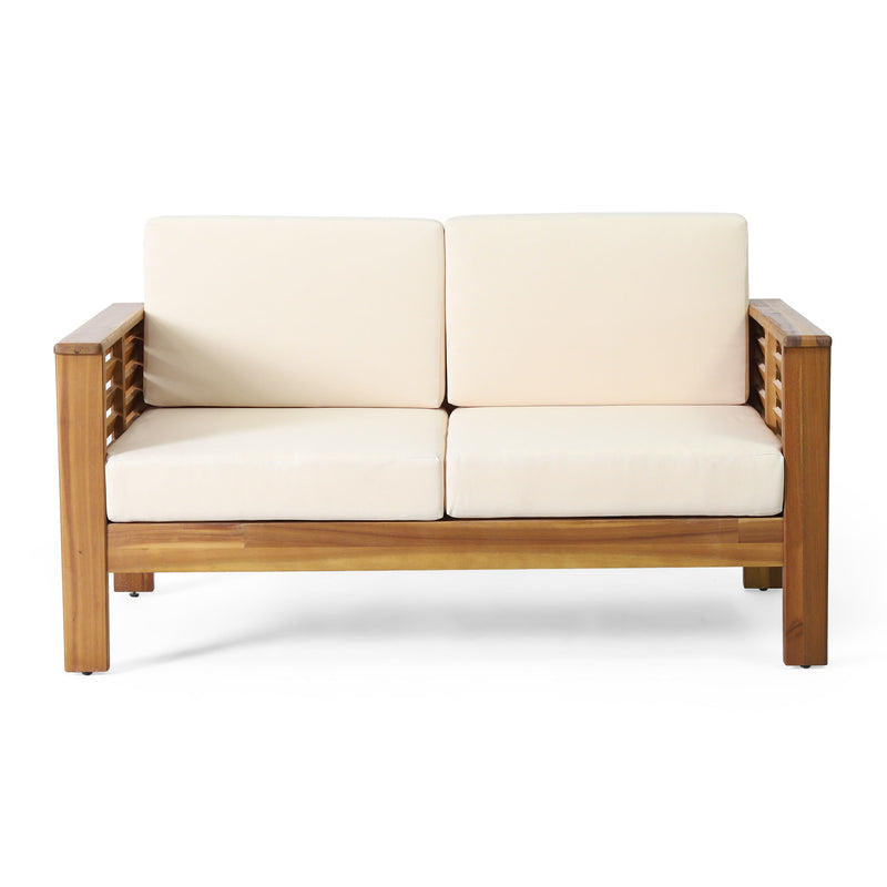 Acacia Wood Loveseat And Coffee Table Set With Cushions