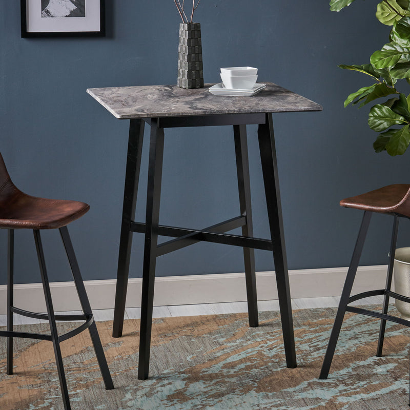 Modern Bar Height Dining Table, Rubberwood Legs And Laminate Table Top, Paladina Marble - Black