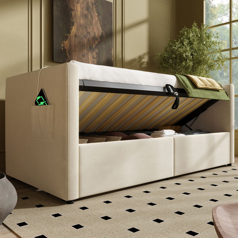 Upholstered Daybed With Hydraulic Storage And USB / Type - C Charging