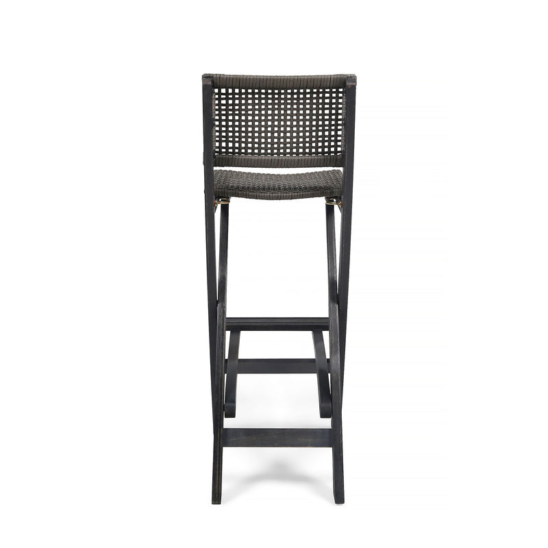 Outdoor Folding Acacia Wood Barstools With Rattan Backrest And Seat, (Set of 2) - Dark Gray