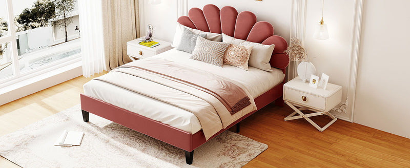 Upholstered Platform Bed With Flower Pattern Headboard