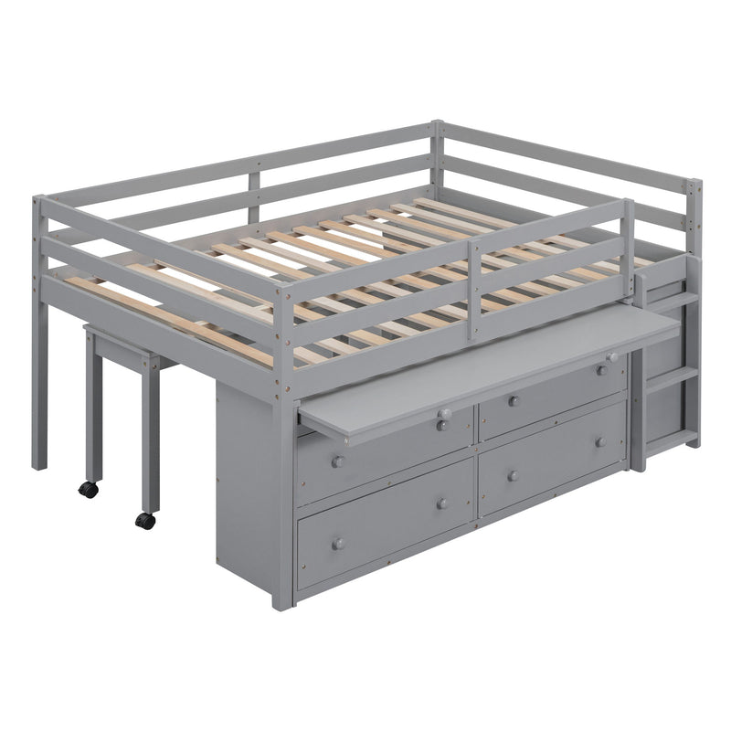 Loft Bed With Retractable Writing Desk And 4 Drawers, With Lateral Portable Desk And Shelves