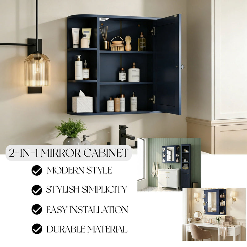 Bathroom Wall Storage Cabinet With Mirror And Adjustable Shelf, 6 Open Shelves