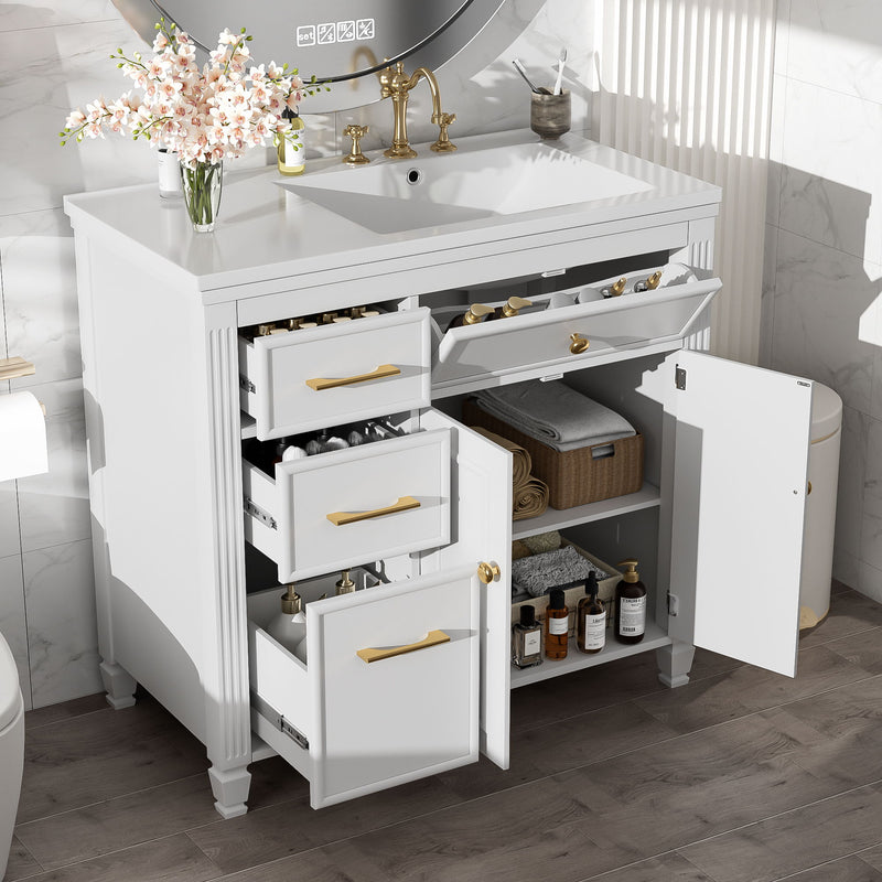 Bathroom Vanity With Sink, 1 Tip Out Drawer, 3 Side Drawers, Adjustable Shelf