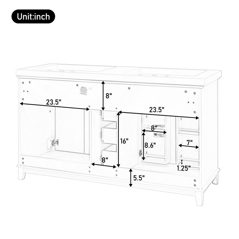 Bathroom Vanity Cabinet Only, 3 Drawers & 4 Doors & Double Layer Shelves - White