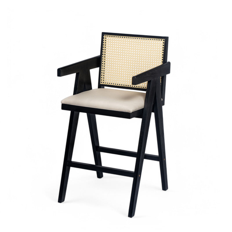 Woven Cane Plastic Backrest Bar Stool Foam Padded Fabric Seat & Durable Rubberwood Frame - Cream Gray