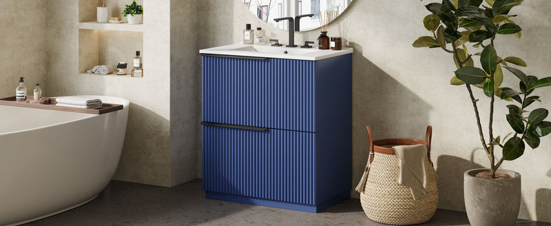 Fluted Bathroom Vanity With Ceramic Sink, Freestanding Cabinet
