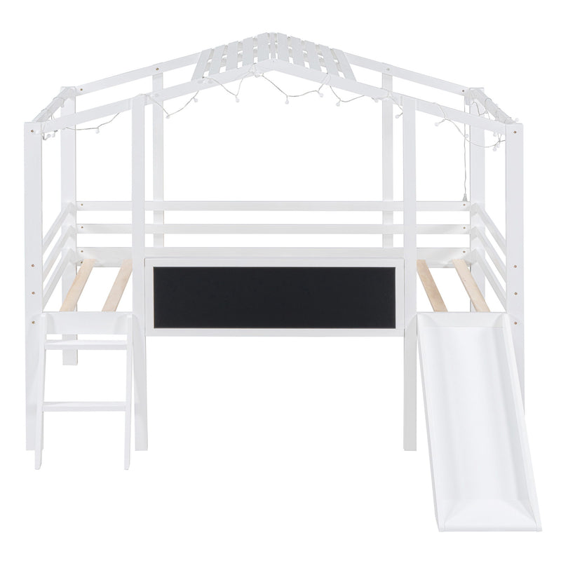 Loft House Bed With Ladder And Slide, With board And Light Strip On The Roof