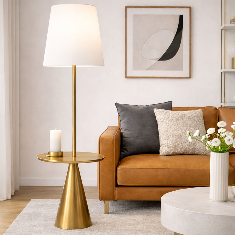 Celestial - Modern Floor Lamp With Accent Table With Large Shade - Gold / White