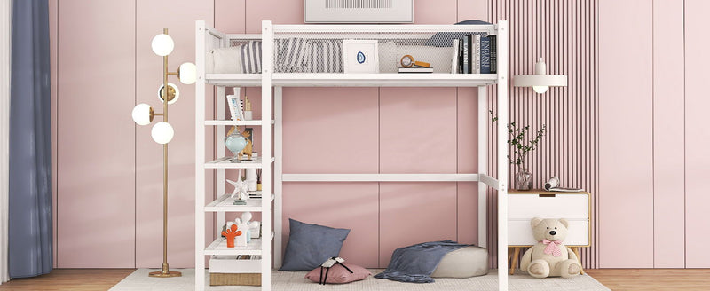 Twin Size Loft Bed With 4 Tier Shelves And Storage - White