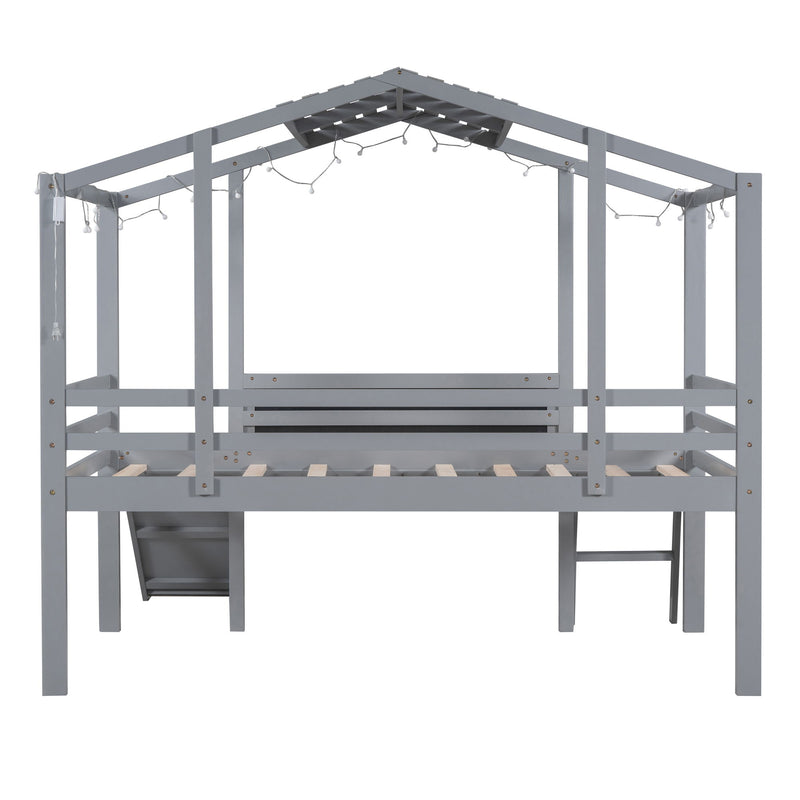 Loft House Bed With Ladder And Slide, With board And Light Strip On The Roof