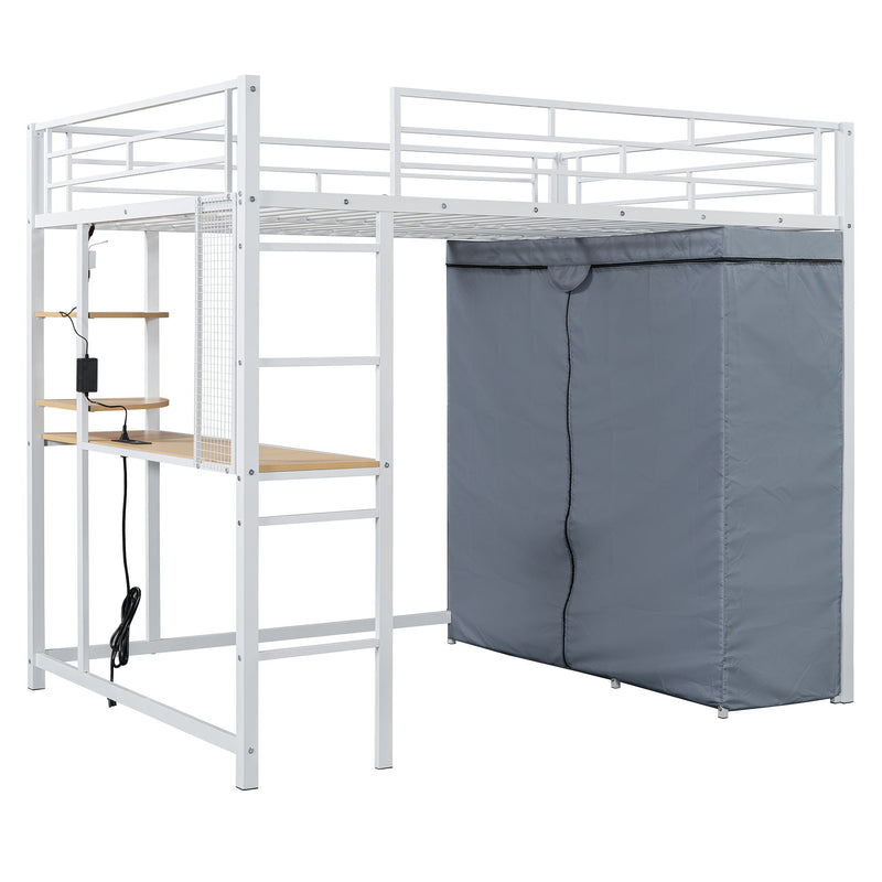 Full Size Loft Bed With Desk, Shelves, Power Outlet, LED Light And Wardrobe - White