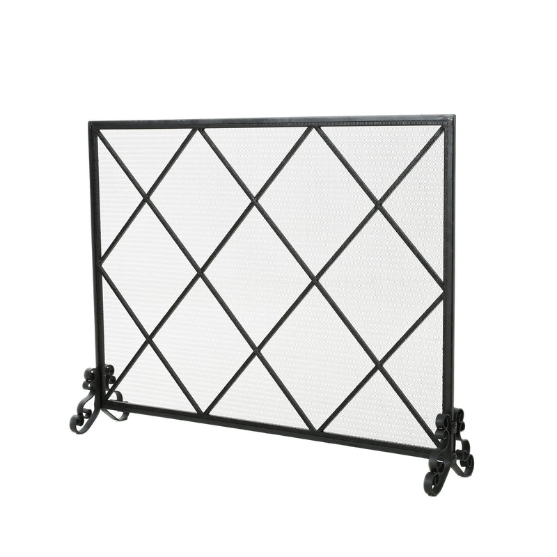 Minimalist Single Panel Iron Fireplace Screen With Diamond Design - Black