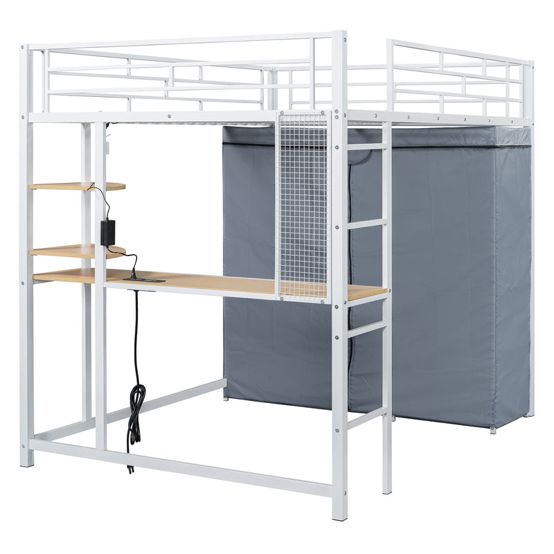 Full Size Loft Bed With Desk, Shelves, Power Outlet, LED Light And Wardrobe - White