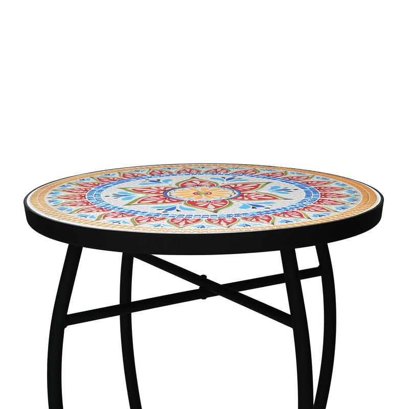 Outdoor Round Side Table With Mosaic Style Top And Curved Iron Legs