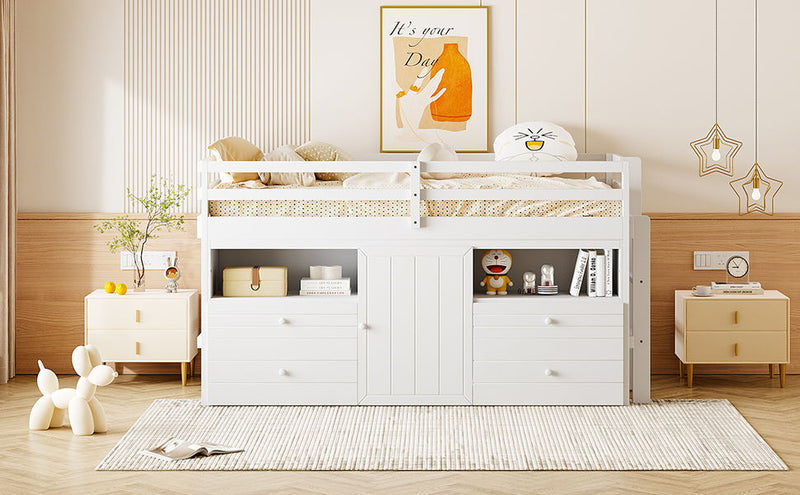 Loft Bed With 4 Drawers, Underneath Cabinet And Shelves