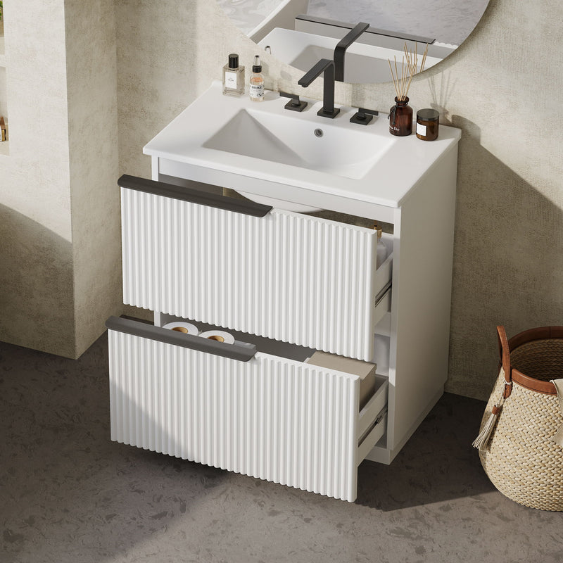 Fluted Bathroom Vanity With Ceramic Sink, Freestanding Cabinet