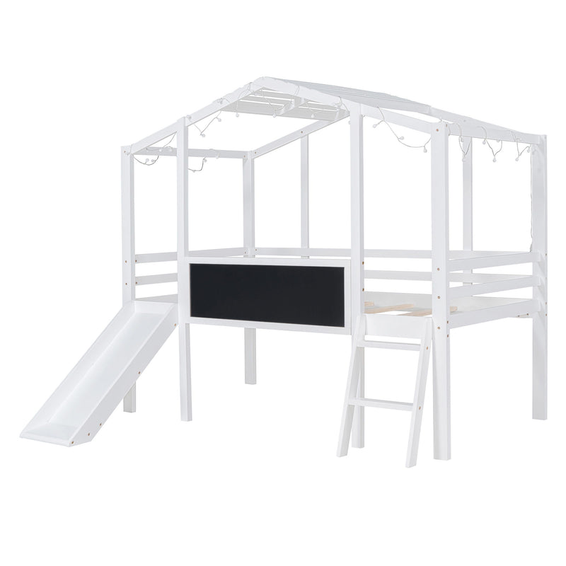 Loft House Bed With Ladder And Slide, With board And Light Strip On The Roof