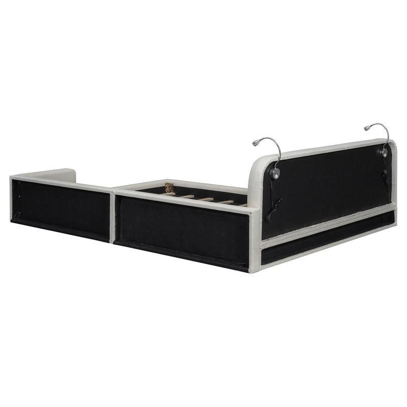 Queen Size Upholstered Platform Bed With 2 Reading Lights - White