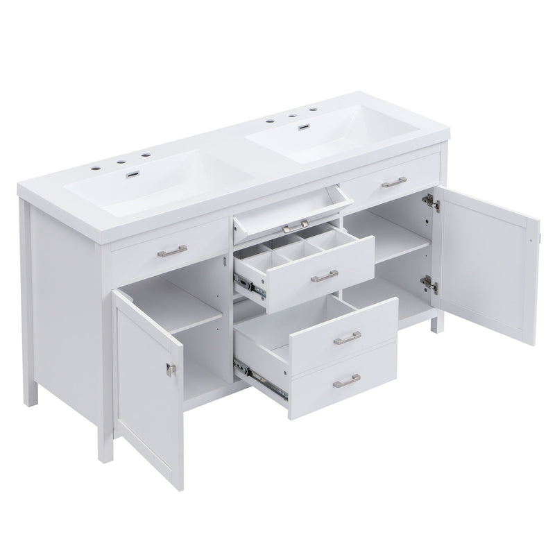 Double Sink Bathroom Vanity With Top, Soft Closing Doors & Drawers, Tip Out Drawer, 2 Cabinet Doors, Adjustable Shelf - White