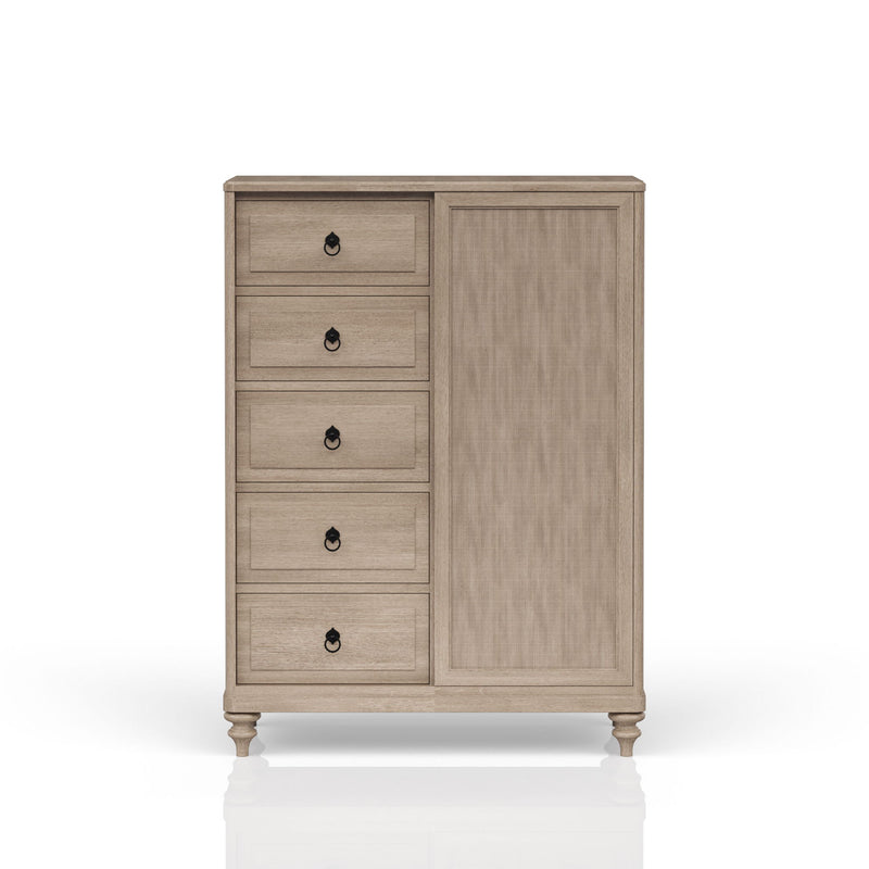 Queen Canopy Bedroom Set With A 2 Drawer Nightstand A Dresser With Poster Mirror And A Door Chest - Sand
