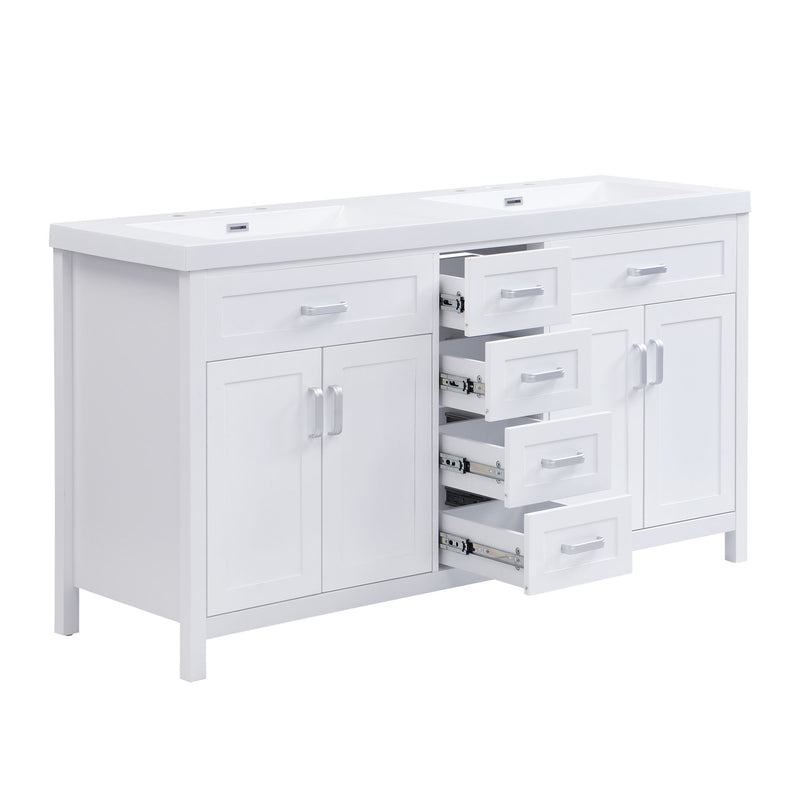 59.1" Minimalist Double Sink Bathroom Vanity With Top, Soft Close Doors & Drawers - White