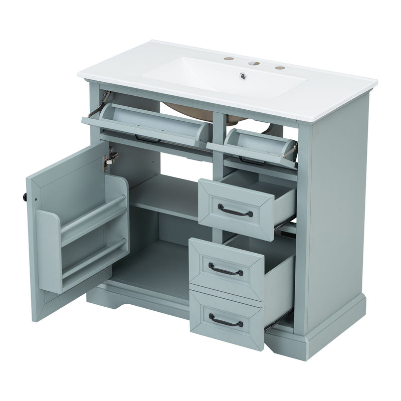 Bathroom Vanity With Ceramic Sink, Freestanding Design, 2 Tip Out Drawers, Soft Close Hinges - Gray