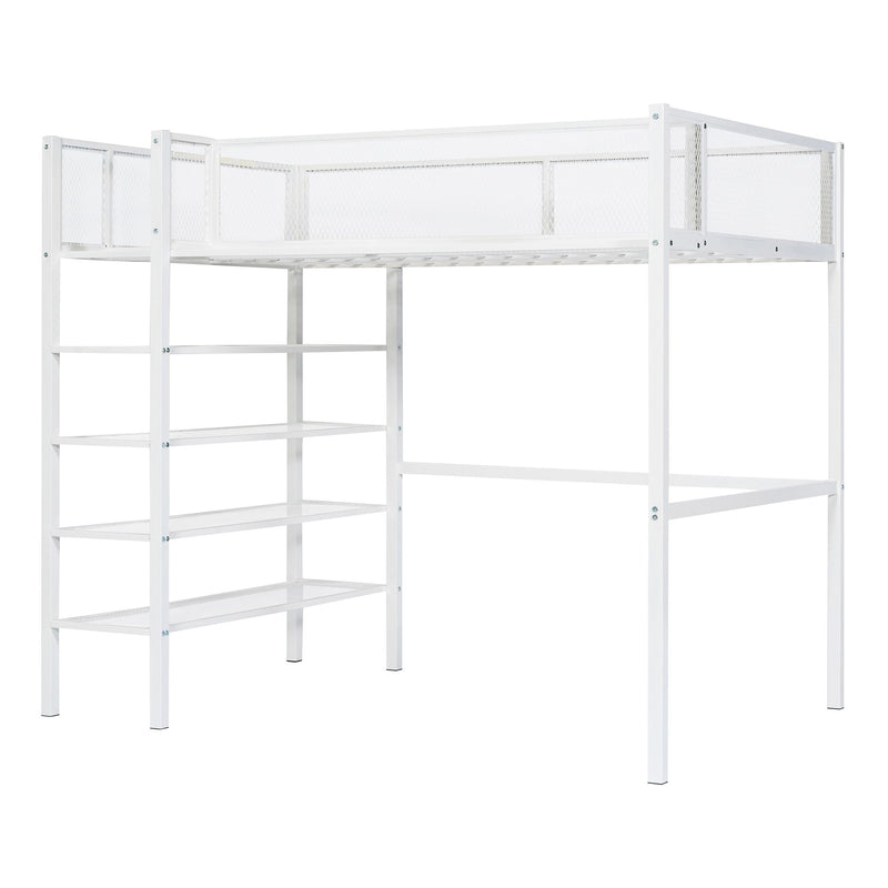 Twin Size Loft Bed With 4 Tier Shelves And Storage - White