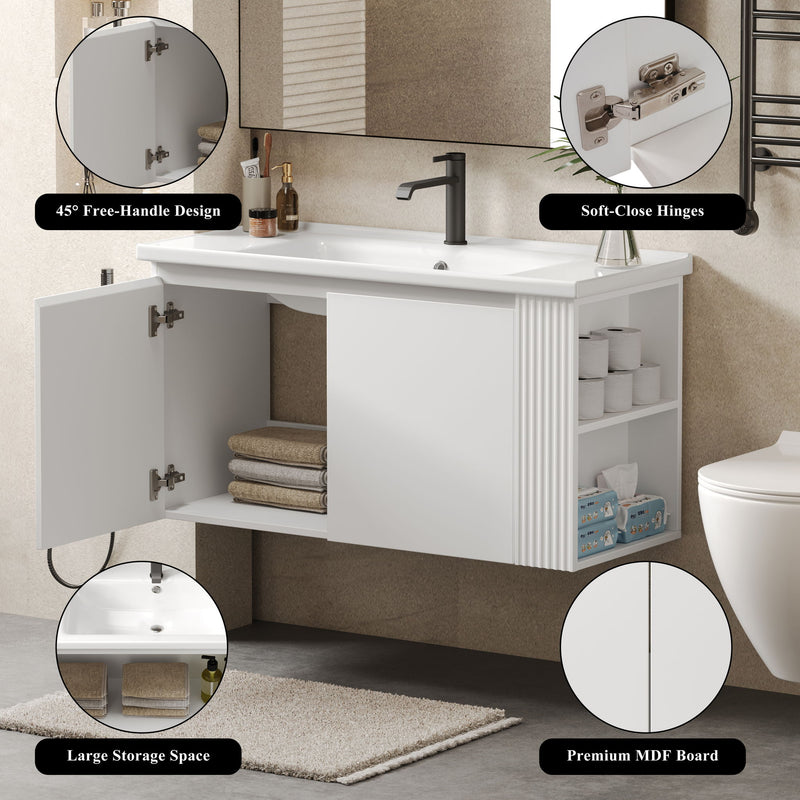Wall Mounted Bathroom Vanity With Sink, 2 Open Shelves - White