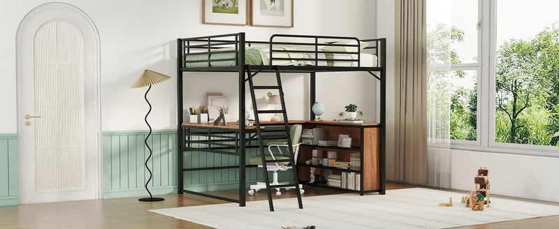 Full Size Loft Bed With 3 Layers Of Shelves And L-Shaped Desk - Black