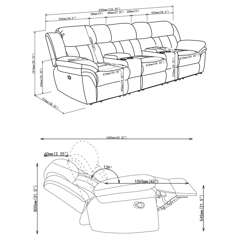 Divine - 5 Piece Power Reclining Home Theater Seating Set With Memory Foam Cushions And Storage Consoles