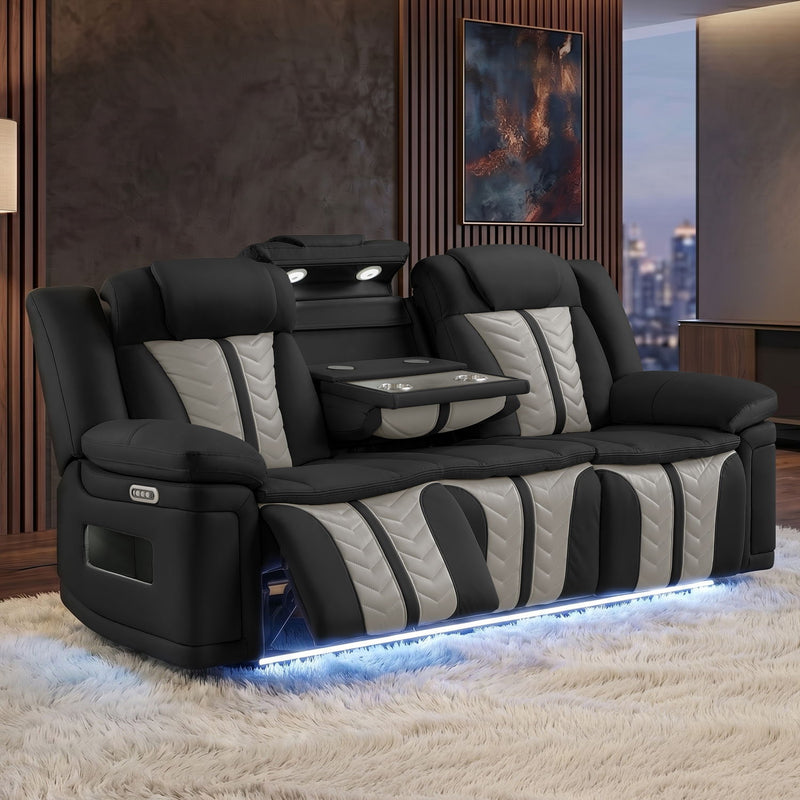 Cruiser - Power Reclining Sofa With Drop Down Table, Power Headrests, LED Lighting & Massage - Black / Beige