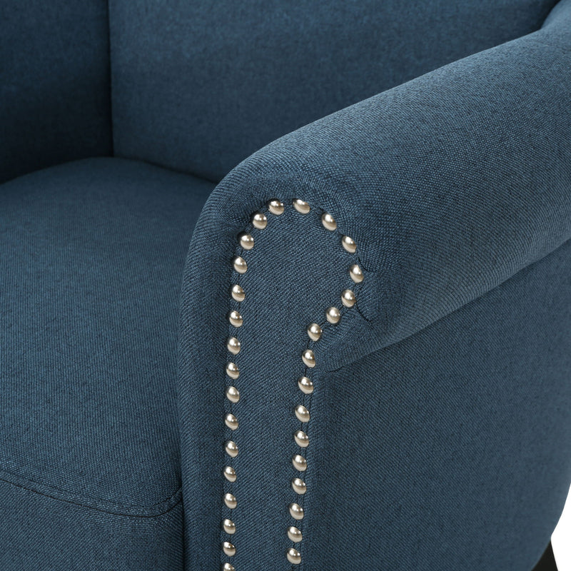 Elegant Fabric Club Chair With Nailhead Trim And Birch Wood Legs - Navy Blue