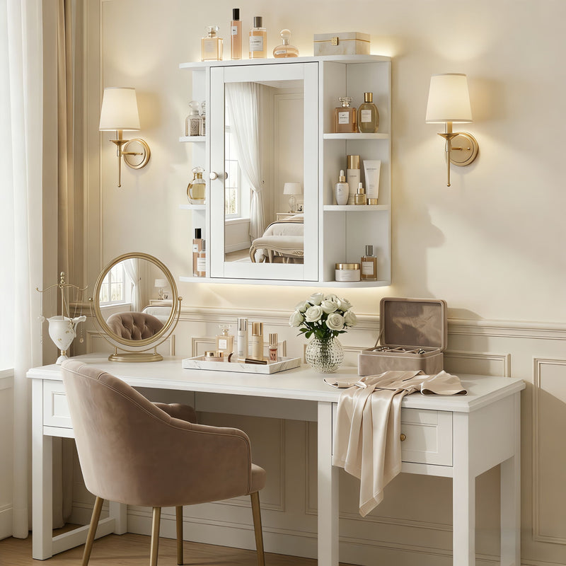 Bathroom Wall Storage Cabinet With Mirror And Adjustable Shelf, 6 Open Shelves
