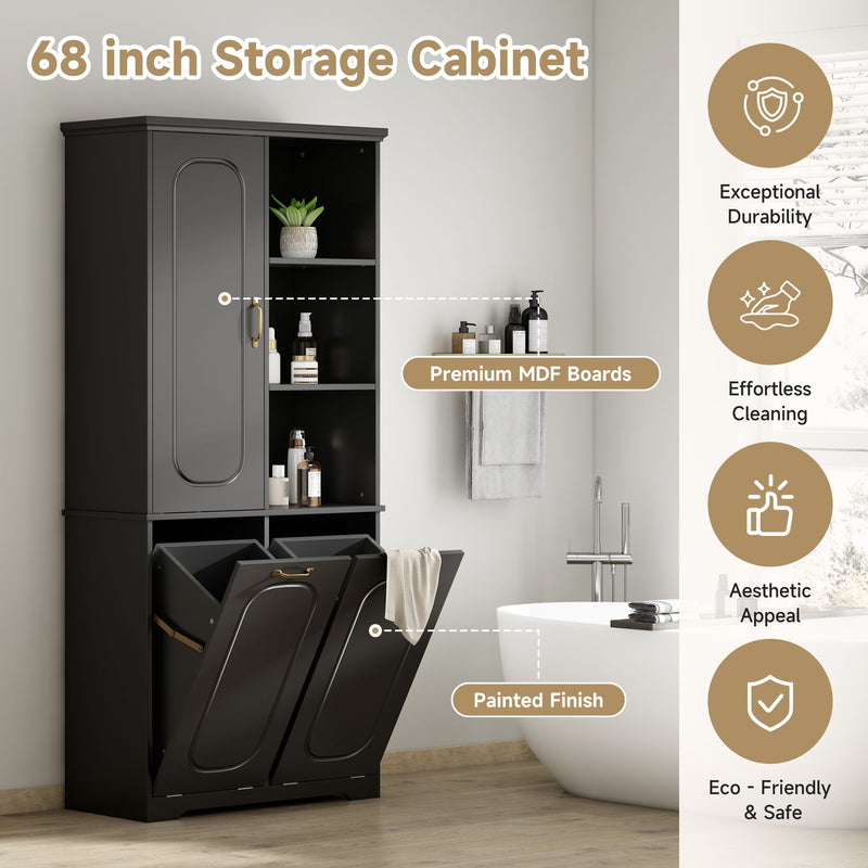 Freestanding Tall Storage Cabinet With 2 Tilt Out Hampers