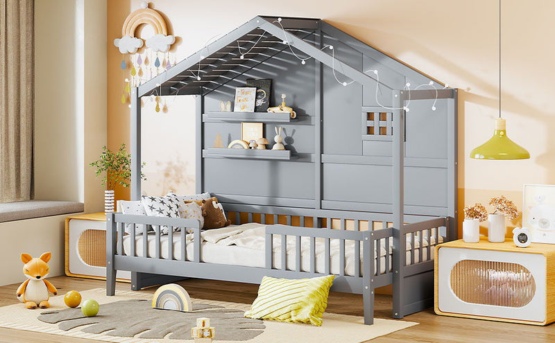 House Bed With Shelves, Window And Sparkling Light Strip On The Roof