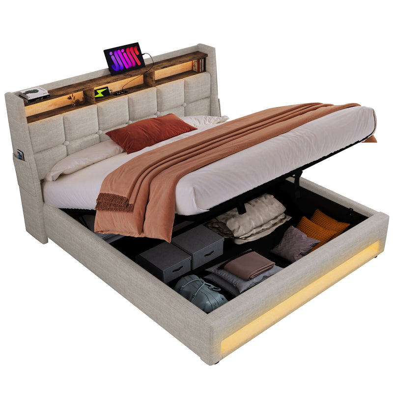 Platform Bed With Hydraulic Storage, LED Lighting & Charging Station