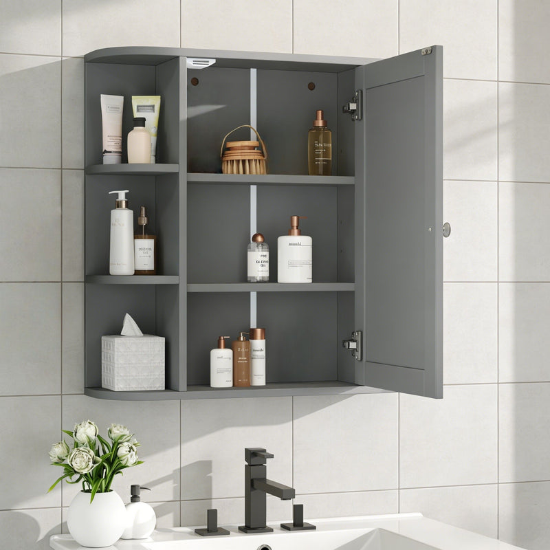 Bathroom Wall Storage Cabinet With Mirror And Adjustable Shelf, 6 Open Shelves