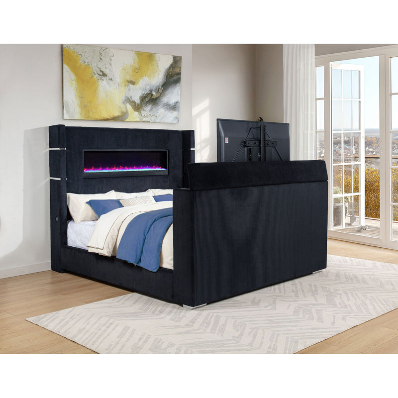 Judah - Eastern King Wingback TV Bed With Motorized Lift And Flame Visualizer - Black